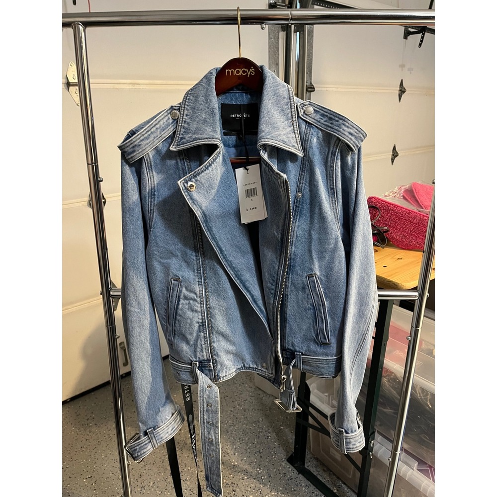 Retrofete Blue Denim Moto Jacket Asymmetrical Zip Belted Light Wash Small NEW